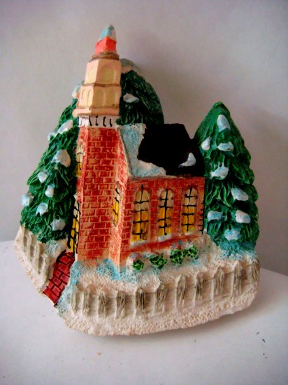 Miniature Plaster Red Brick Church on Corner + magnet