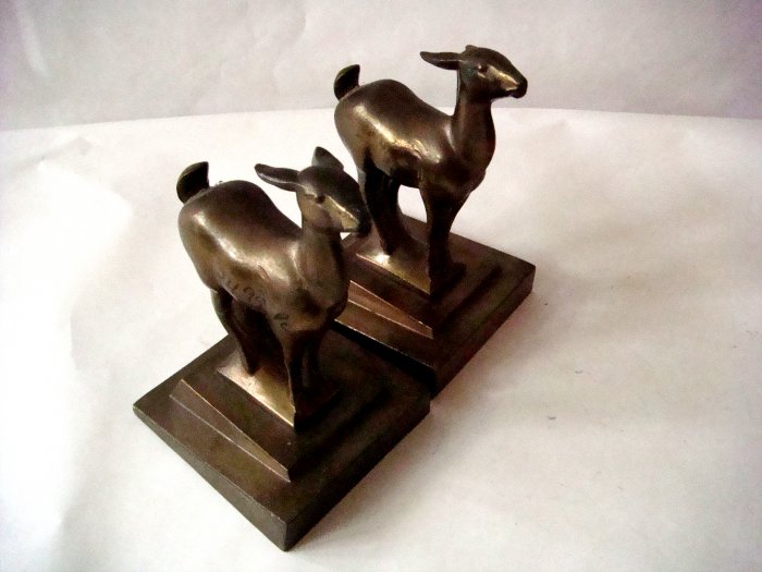 Pair Cast Brass Bookends Deer German imprint