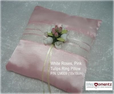 White Roses with Sweet Pink Tulips Wedding Ring Pillow (TOP SELLER)