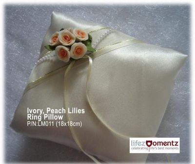 Ivory Satin, Peach Lilies Ring Pillow (LM011)
