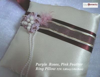 Ivory Satin, Purple Roses, Pink Feather Ring Pillow (LM015)