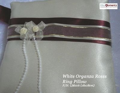 Ivory Satin, White Organza Roses Ring Pillow (LM016)