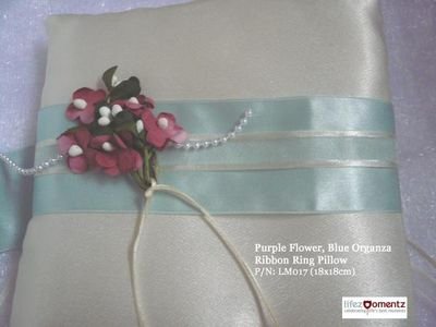 Ivory Satin, Purple Flower Blue Organza Ribbon Ring Pillow (LM017)