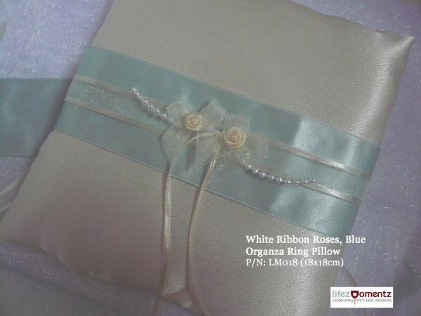 Ivory Satin, White Ribbon Roses, Blue Organza Ring Pillow (LM018)