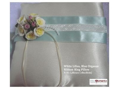 Ivory Satin, White Lilies Blue Organza Ring Pillow (LM020)