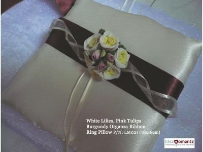 Ivory Satin, White Lilies, Pink Tulips Bungundy Organza Ring Pillow (LM022)
