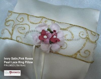 Ivory Satin, Pink Rose with Pearl Lace Ring Pillow (LM023)