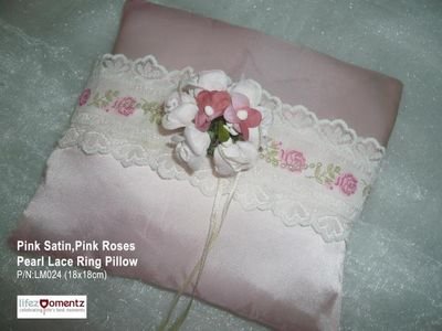 Pink Satin, Pink Roses Lace Ring Pillow (LM024)