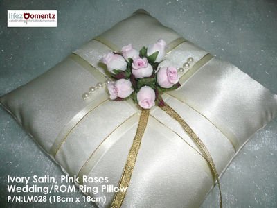 Ivory Satin, Pink Rose & Pearl Lace ROM/Wedding Ring Pillow (LM028)