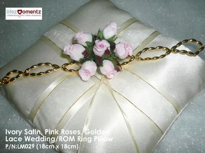 Ivory Satin, Pink Rose & Golden Lace ROM/Wedding Ring Pillow (LM029)