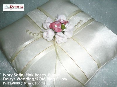 Ivory Satin, Pink Rose & Purple Daisys ROM/Wedding Ring Pillow (LM030)