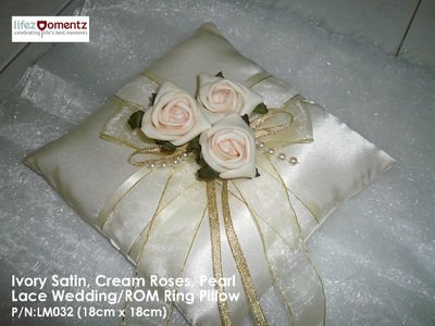 Ivory Satin, Champagne Roses ROM/Wedding Ring Pillow (LM032)