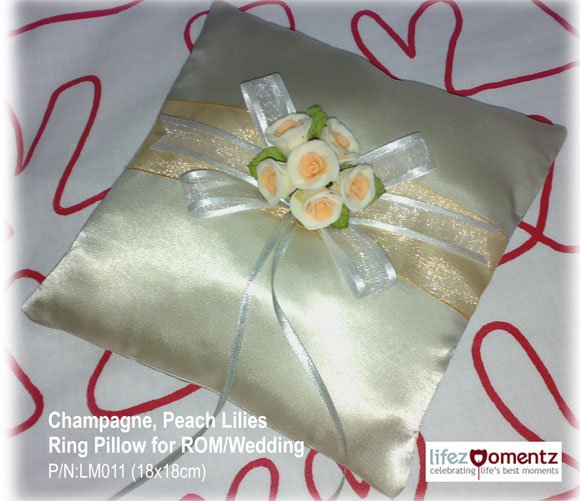 Champagne, Peach Lilies Wedding Ring Pillow (LM001)