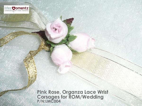 White Roses,Pink Tulips & Golden Lace Wrist Corsages or ROM/Wedding (LMC002)