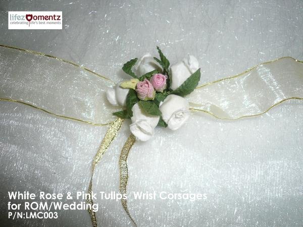 White Roses & Pink Tulips Wrist Corsages or ROM/Wedding (LMC003)