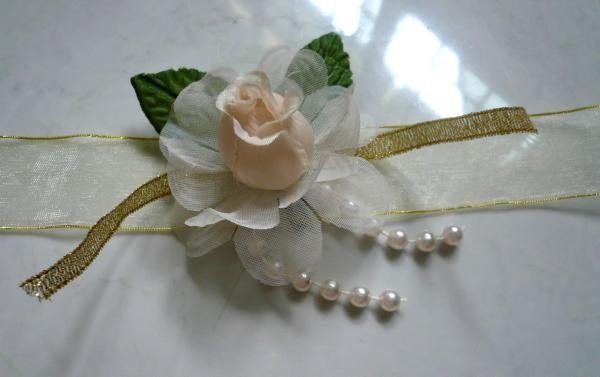 Champagne Satin, Peach Rose, Pearl Lace Wrist Corsages (LMC001)