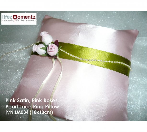 Pink Satin, Pink Roses & Pearl Lace Wedding Ring Pillow (LM034)