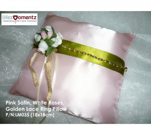 Pink Satin, White Roses, Golden Lace Ring Pillow (LM035)