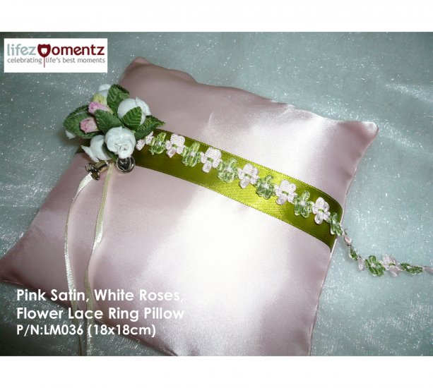 Pink Satin, White Roses, Flower Lace Ring Pillow (LM036)