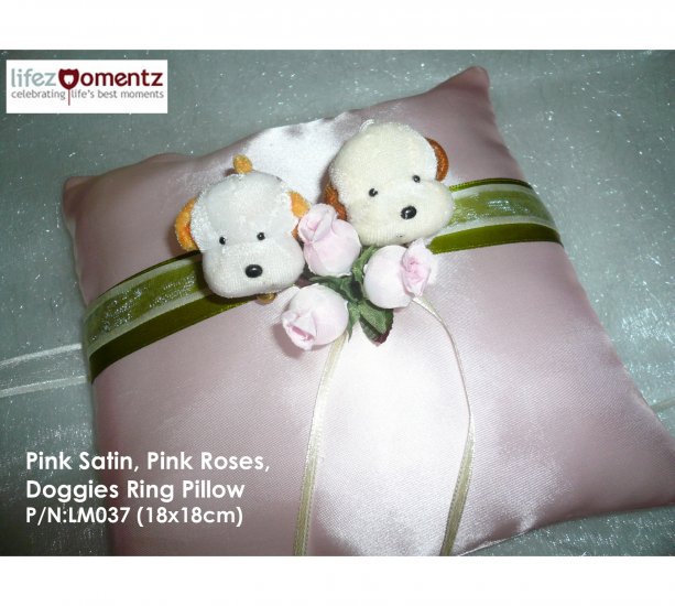 Pink Satin, Pink Roses Doggies Wedding Ring Pillow (LM037)