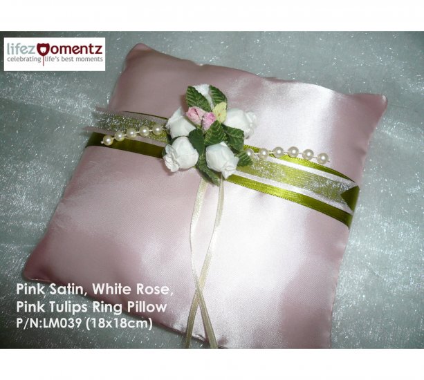 Pink Satin, White Roses, Pink Tulips Ring Pillow (LM039)