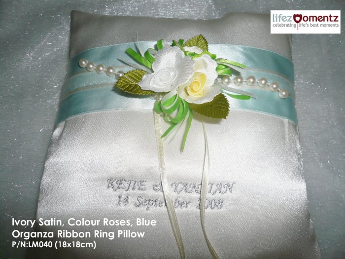 Ivory Satin, Colour Roses, Blue Organza Ring Pillow (LM040)