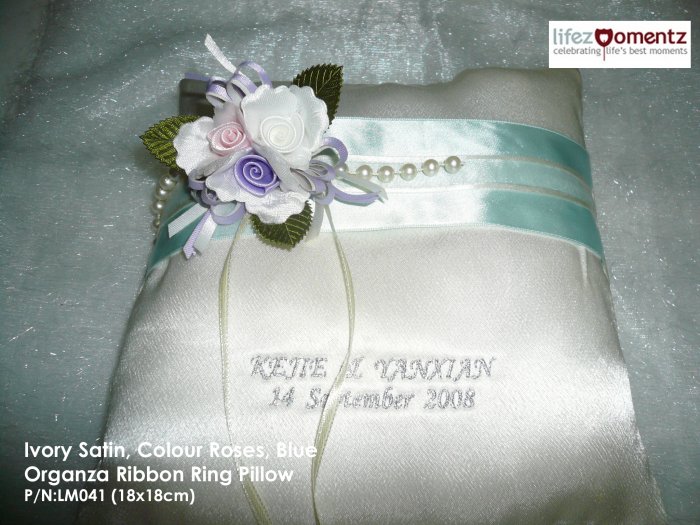 Ivory Satin, Colour Roses, Blue Organza Ring Pillow (LM041)