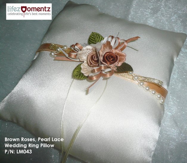 Ivory Satin, Brown Roses, Pearl Lace Ring Pillow