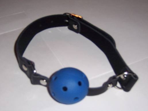 Leather Mouth Harness - Blue Ball Gag Prop with Airway