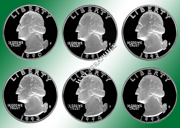 1990 - 1995 S Washington Quarters - *6 CN Clad Proofs