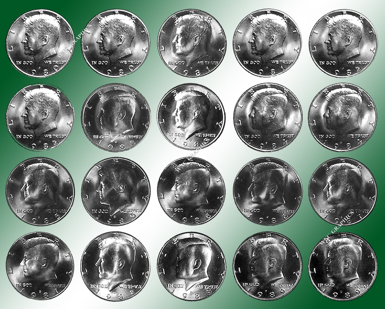 1980 - 1989 P & D BU Kennedy 50c *20Coins