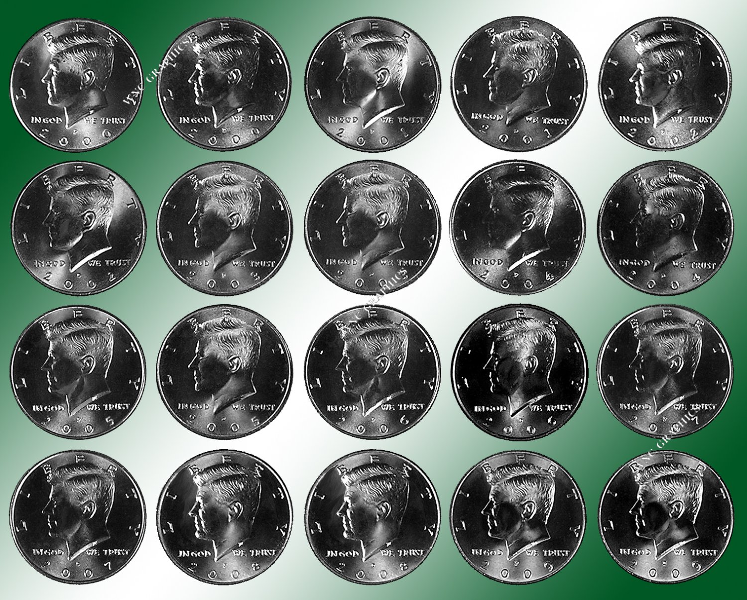 2000 - 2009 P & D BU Kennedy Half Dollars *20 BU Coins