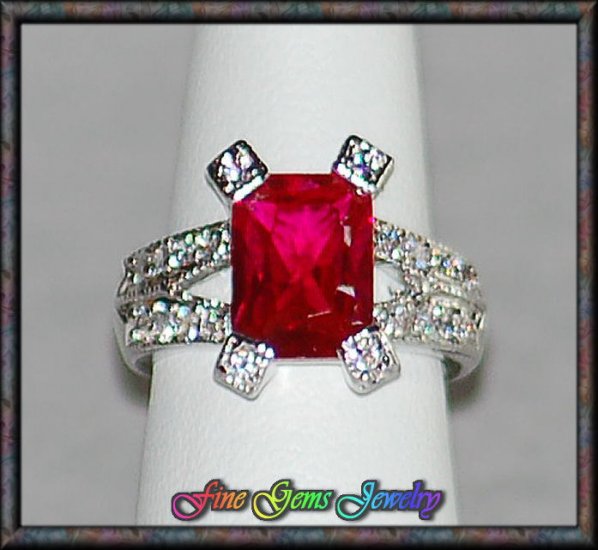 Emerald Cut Dark Red & Clear CZ Rhodium Plt Ring - Sz 6