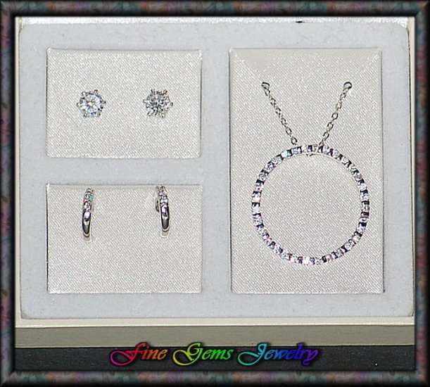 Ellegant Circle Pendant Necklace & Earrings Silver Plt Set