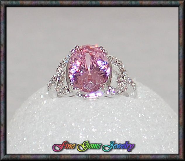 Striking Pink Oval & White CZ Silver Plated Ring -Sz 8