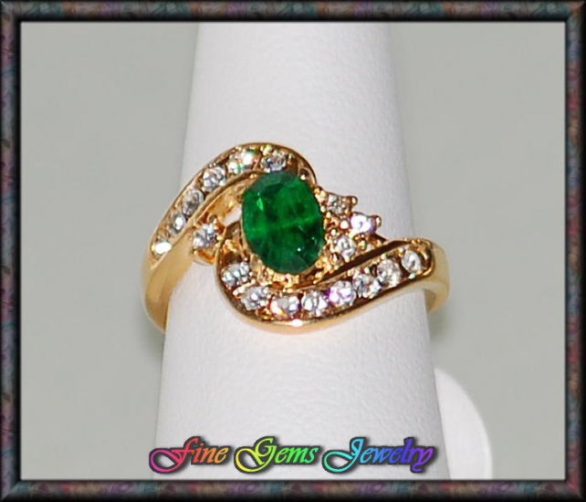 Emerald Green Oval & Clear Cz Gold Plt Ring - Sz 6