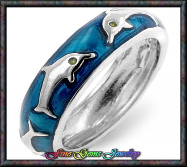 Adorable Blue Enamel Dolphin Silver Plt Ring - Sz 7