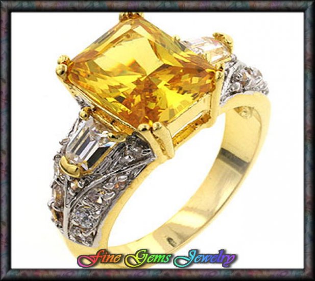 Emerald Cut Sunny Yellow & White Cz Two Tone Plt Ring - Sz 5