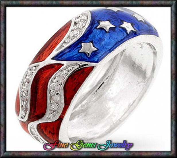 Amazing Red White & Blue Cz Silver Plt Flag Ring - Sz 5