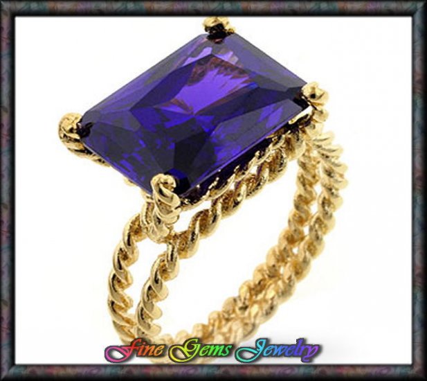 Large Emerald Cut Purple Cz Gold Plt Rope Ring - Sz - 5