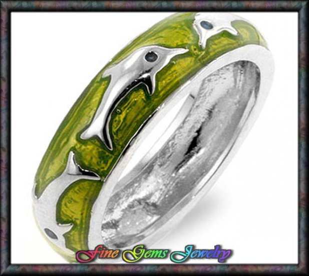 Sweet Green Enamel Dolphin Silver Plt Ring - Sz 8