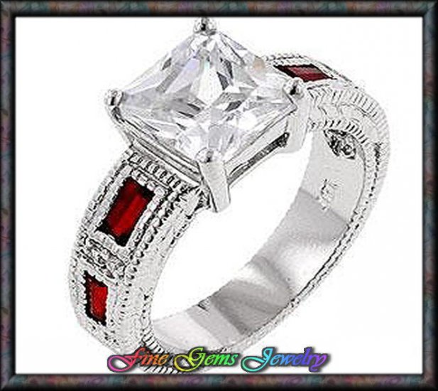 4.05ctw Vintage Princess Cut & Red Baguette Silver Plt Ring - Sz 8