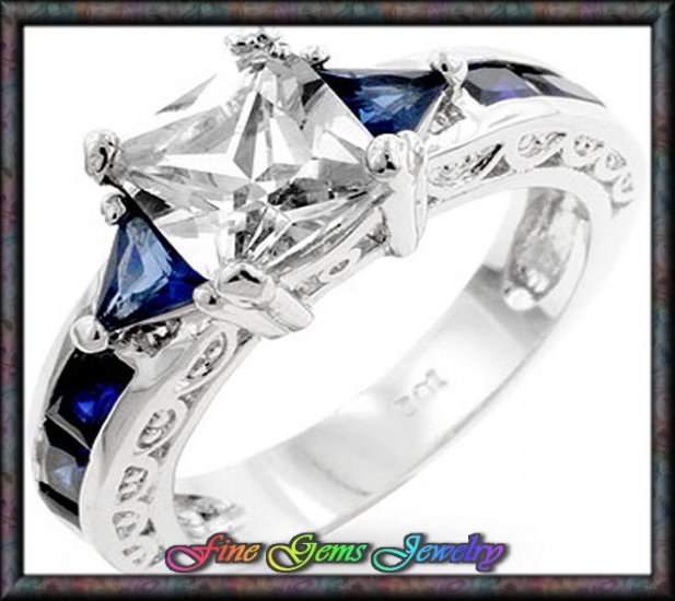 White Princess Cut w Blue Trillion & Emerald Cut Cz Silver Plt Ring - Sz 5