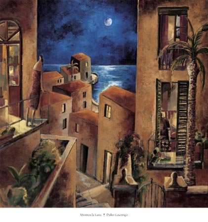 Tropical Full Moon Ocean Art Lourenco Wall Decor Palm Trees Painting Print