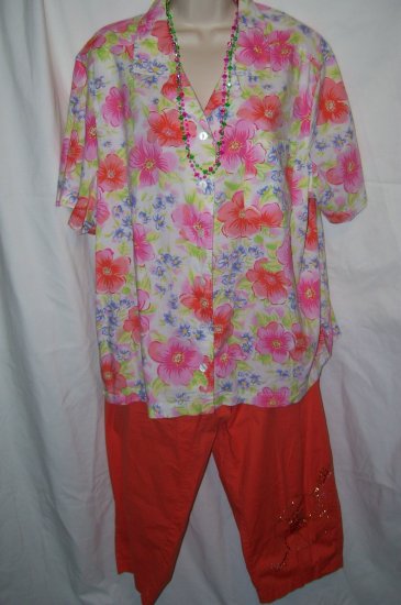 Womens's Orange Sparkle Capris & Floral Top - Sz. 2X