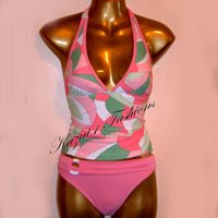 Sexy Pink Print Belted Halter Tankini Size 14