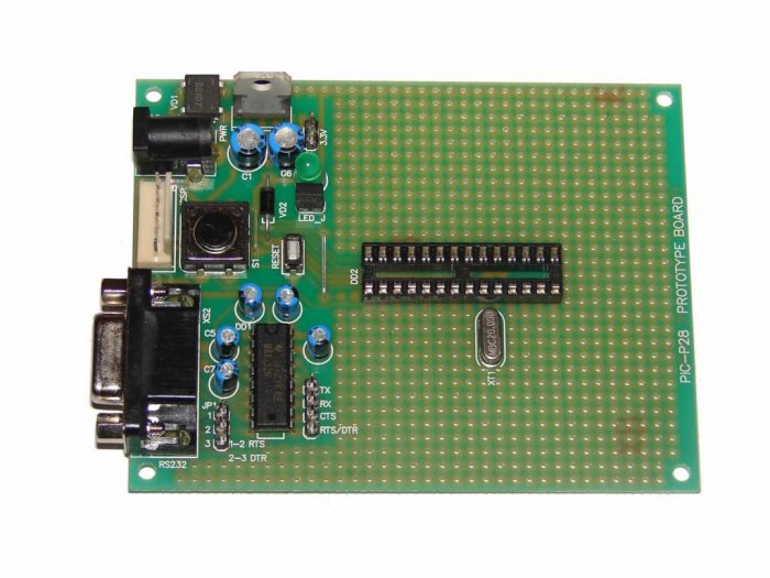 PIC Microchip PIC-P28 prototype board with components - ICD2, PICkit2, JDM...