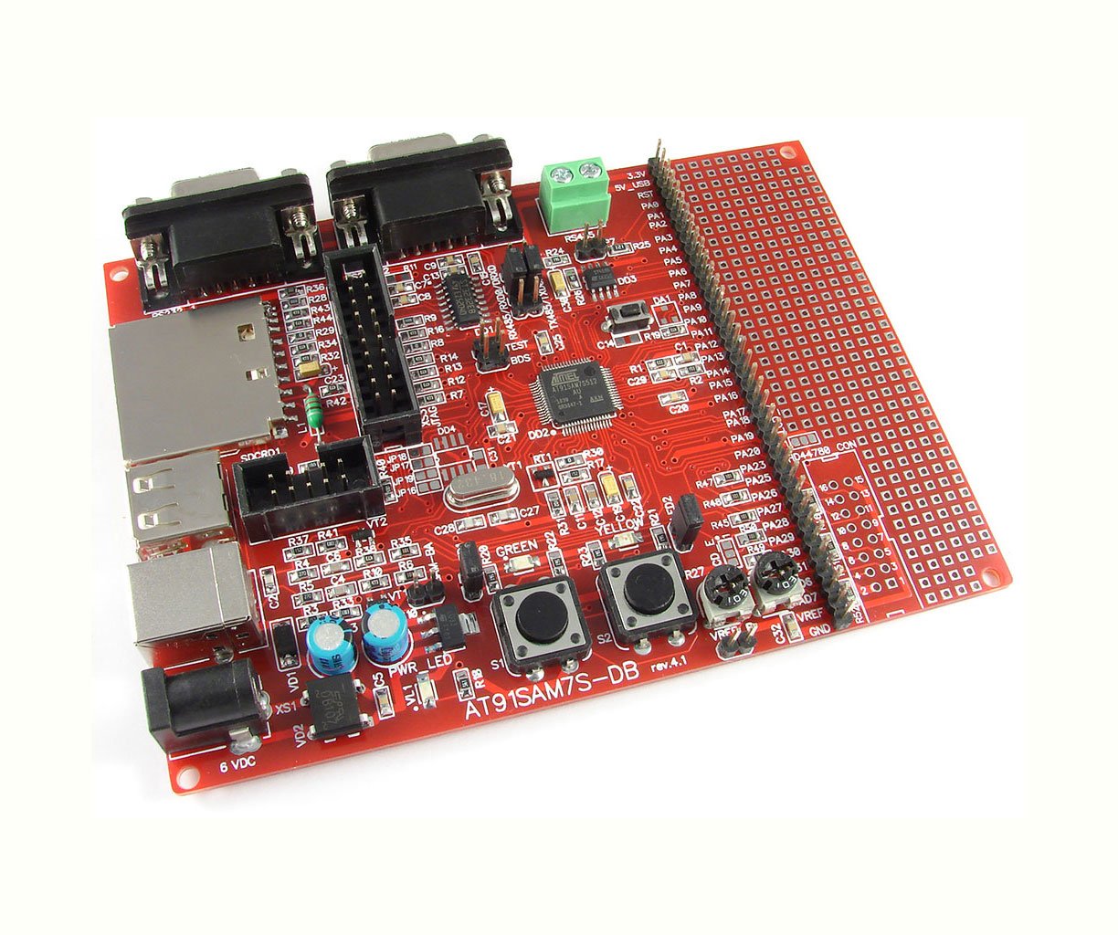 ATMEL AT91SAM7S256 ARM board: JTAG, SD card slot, USB, 2xRS232, 1xRS485