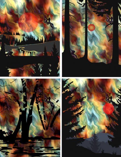 Artist Made 4 Fabric Prints Landscape Watercolor Quilting