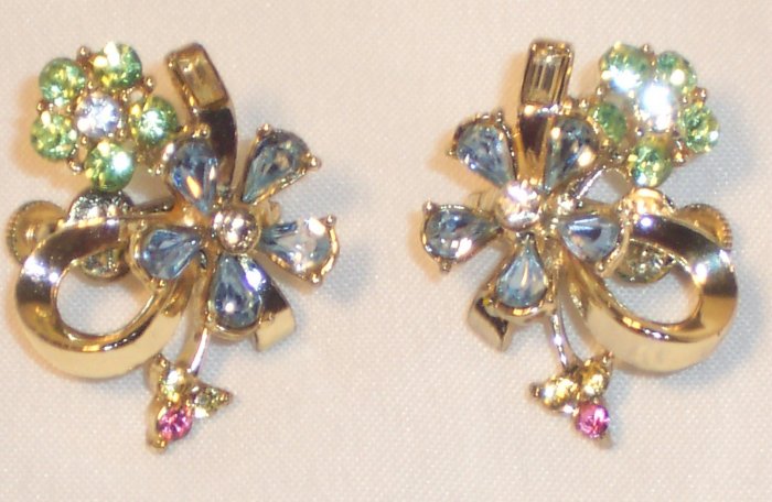 Vintage Coro Gold Tone Colored Rhinestones Flower Clip Earrings